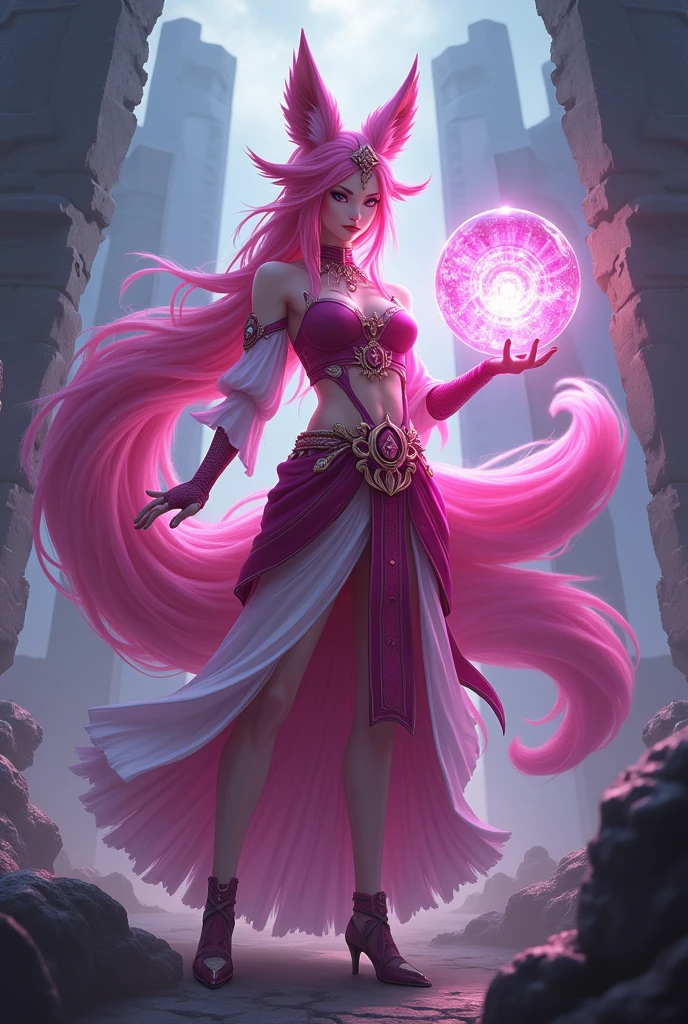 indoors, woman, scenery, smirk, maroon eyes, extremely long hair, pink hair, forehead, serious, medium breasts, white stockings, hands on chests, holding crown, tsurime, queen of diamonds, diamond fragments circling around, mythical, ethereal, throne