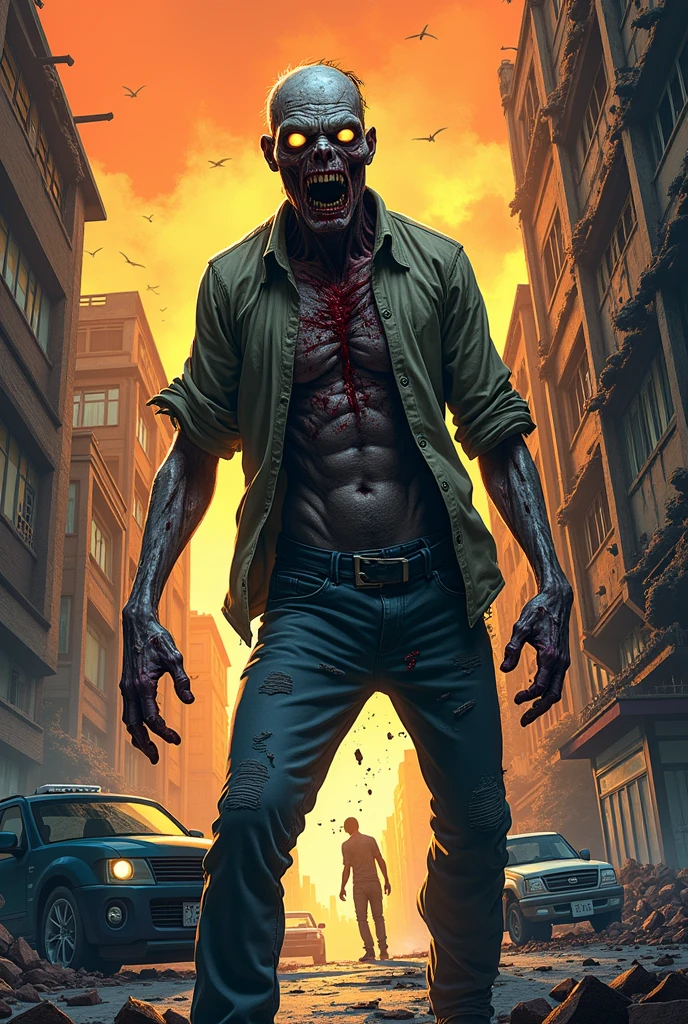 Make a human, white male, malnourished, thug, with a disproportionate body with a big mouth and a smile missing teeth and a burn in the background