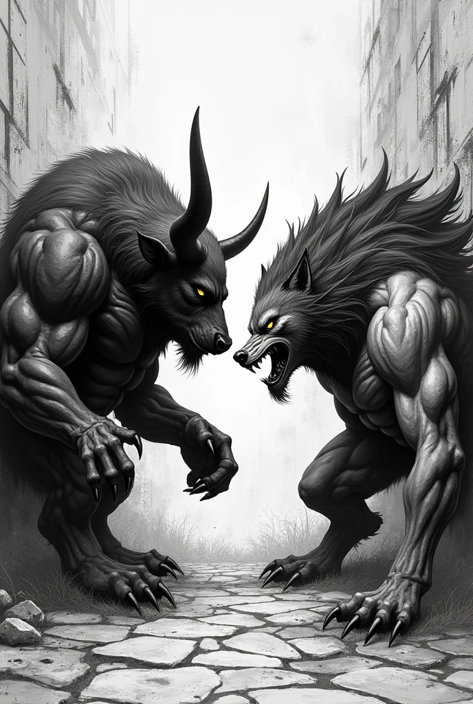 dark and grey tattoo design minotaur and anubis arm wrestling
handshake and both of character is a warrior concept and lot of polynesian tattoo