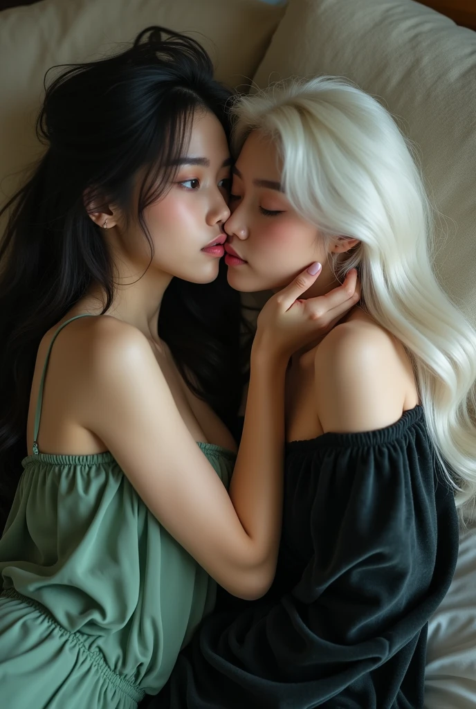 an asian woman with long black hair hugging from behind an asian woman with long blonde hair in white clothes on a bed