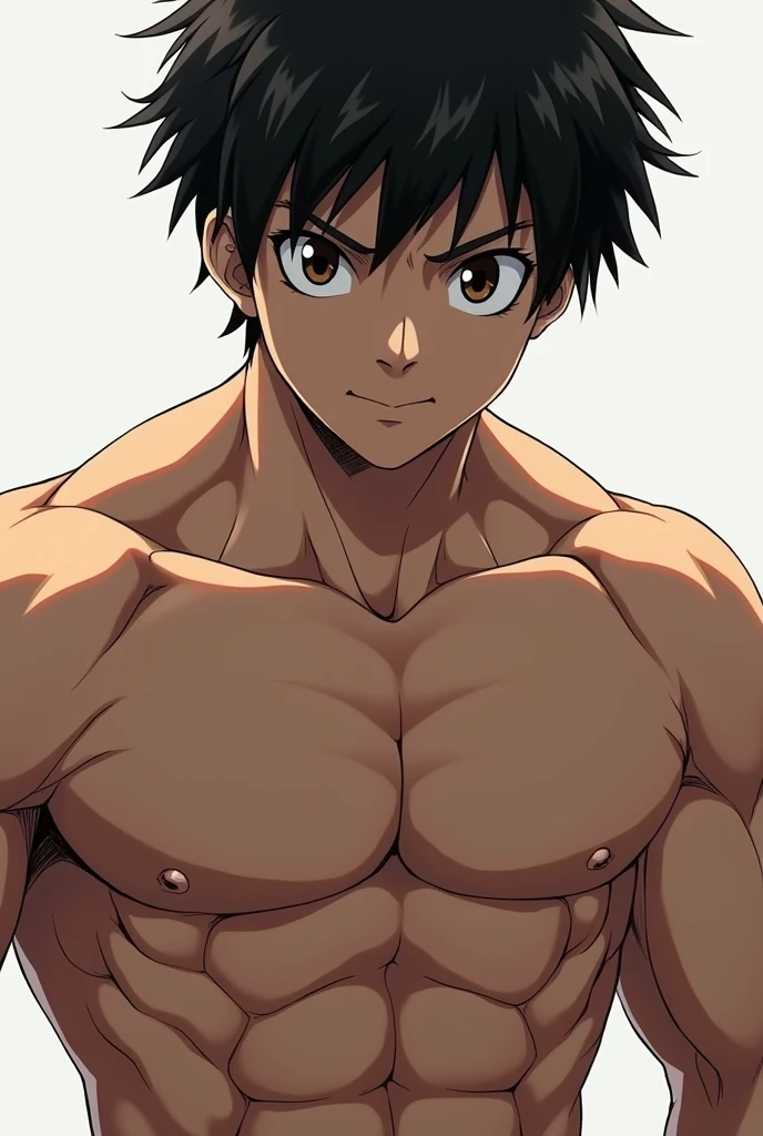  He is a , He has slightly disheveled very black hair..., somewhat light green eyes, , muscular body , sexy face, He is dressed in the anime uniform. "my hero academia", without the shirt, just with boxer shorts, flexing your muscles, big chest, big bulging, in your room 