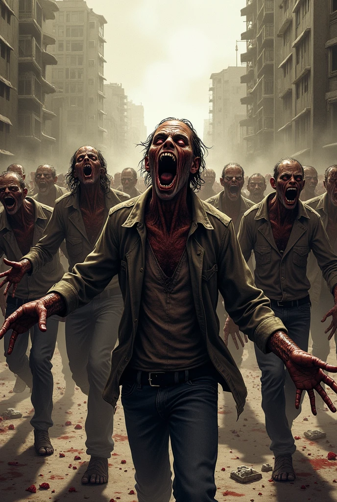 Zombies attacking people in a pack that the image is drawing style