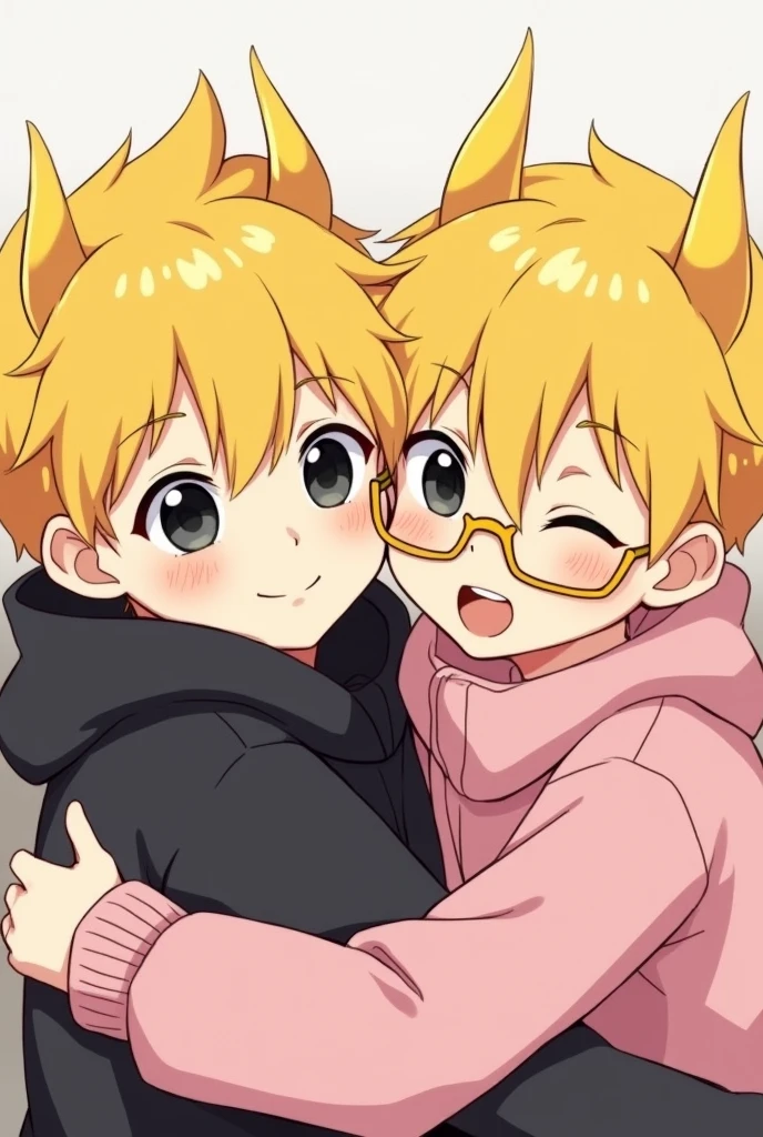kendomurft, vtuber, femboy, yellow hair, violet eyes, student clothes, Ears in hair, yellow tail, Blushing, happy, long sleeves, white clothes, black chalequito, short hair, whole body, long nylon, chaleco negro, sex, pene, sexo, otro chico desnudo, sin pantalones