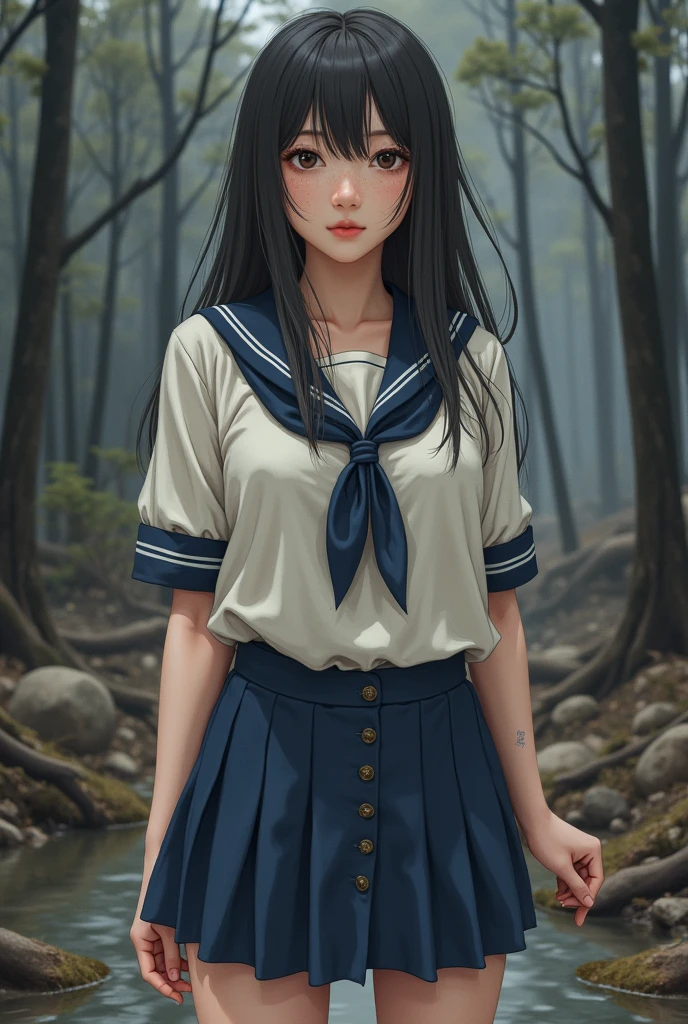 masterpiece, High resolution, Realistic, One girl, 16 years old, Black Hair, long hair, Seraphim, sailor_uniform, white_uniform, Blue pleated skirt, red sail○r collar, Are standing, garden