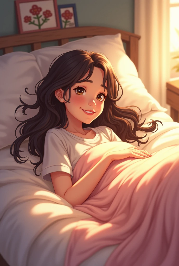 A cute teenager girls with pyjamas smiling on the bed
