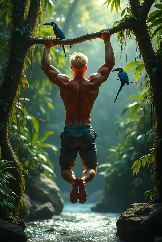 god of the sun, defined man, redhead, bowl cut, brown skin, has no body hair or beard, he is flying, with open arms, he is on earth, flying above the Amazon rainforest of Brazil, behind him is the sun in a giant size, he only wears a tarzan style thong, jungle men, sexy, his pose shows his sovereignty, doesn't wear clothes, he is porous and uses the power of the sun, full body.