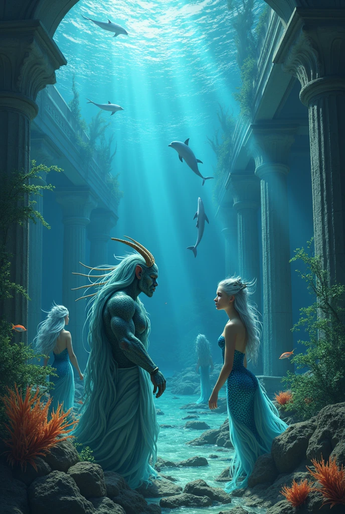 Within the shimmering depths of an enchanted oasis, a giant of flowing waters and liquid crystal stands sentinel, beside a young elven oracle whose voice resonates with the secrets of the ancient springs. A water elemental of iridescent aqua and liquid light swirls around them, its form fluid and ever-changing as it whispers the secrets of the depths.