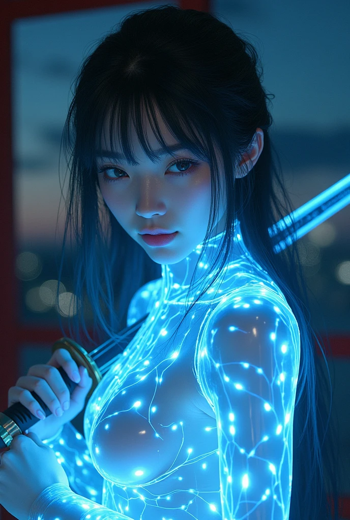 Cinematic movie poster of (nude gorgeous Japanese MILF beauty, slanted Asian eyes), long hair, in sci-fi cyberpunk alley, standing, thighs, blue pink orange green lighting, best quality, hair light, studio lighting, zPDXL2, DynaPortrait_PDXL