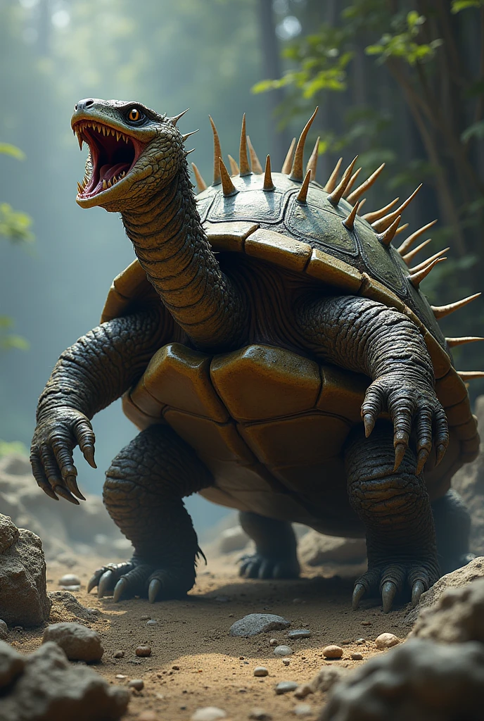 What would a fusion between a turtle, a snake and a porcupine look like? Main body turtle
Snake head with a body full of thorns fusion transformation
