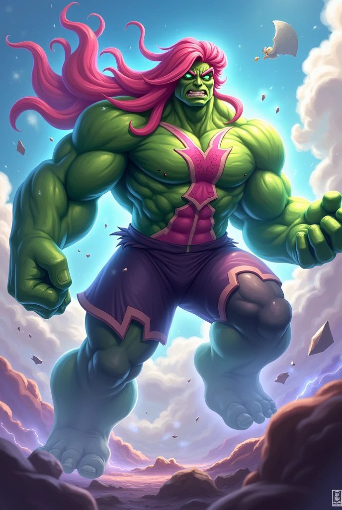 a muscular green humanoid, the incredible hulk, laughing maniacally, intense facial expression, engaged in a fierce battle with a female villain wearing an easter bunny costume, the villain has put bunny ears on the hulk's head, dramatic action scene, highly detailed, cinematic lighting, vivid colors, dynamic composition, photorealistic, 8k, best quality, masterpiece