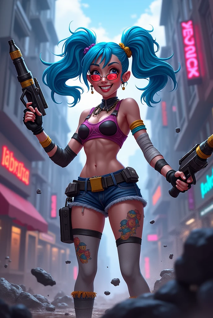 Jinx from League of Legends picking up a dollar bill in a dark alleyway