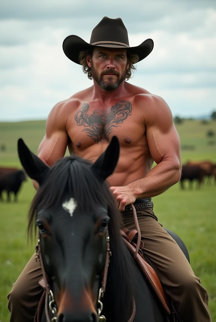 Cowboy With Dimples American man,30 years, shiny and porous skin texture , light brown ...