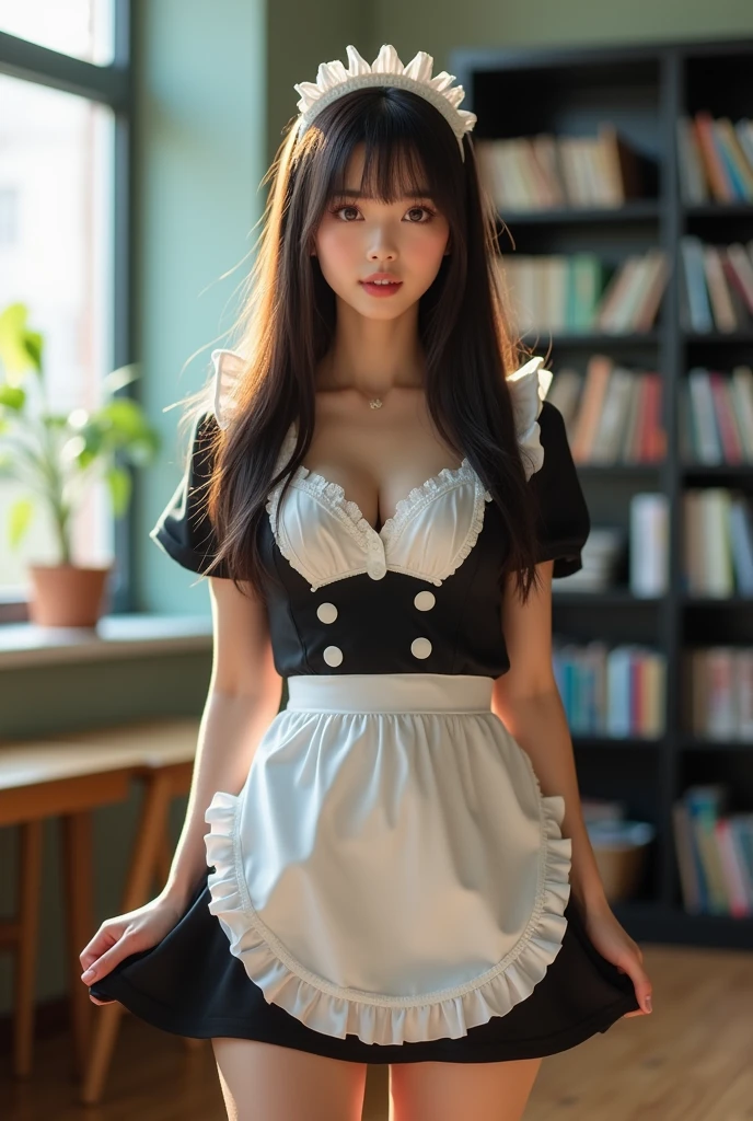 (ung girls), Brown hair, Amazing face and eyes, Pink eyes, shyly smile, (Maid café costume with frills, Pleated mini-skirt:1.5), (Maid café costume with wide open chest:1.1), Beautiful breasts, bared chest, (amazingly beautiful girl), Brown hair, Stylish hair ornaments, (Best Quality:1.4), (Ultra-detailed), (extremely detailed CG unified 8k wallpaper), Highly detailed, High-definition raw color photos, Professional Photography, ((Cute PINK Room)), ((Pink lighting)), (((Bokeh))), depth of fields,