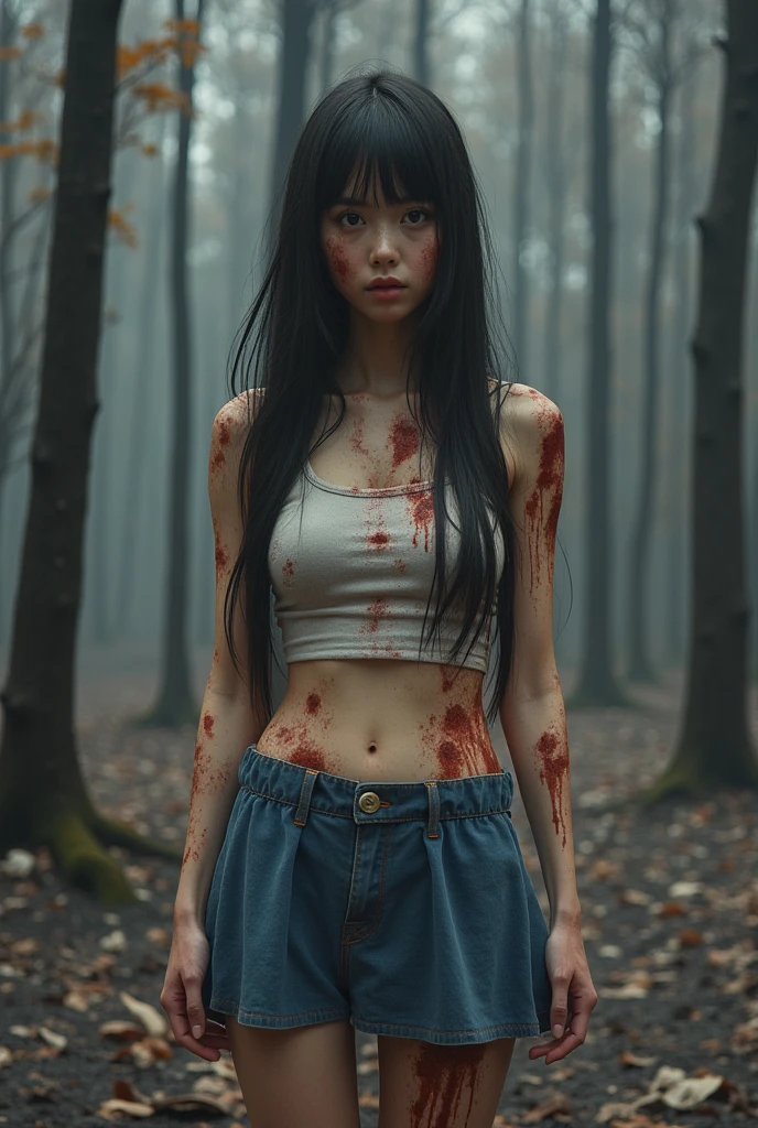 A girl with long black hair. The girl is slim, she has a black short blouse and blue pants. There are bruises and blood on her stomach.. Realistick 18yo