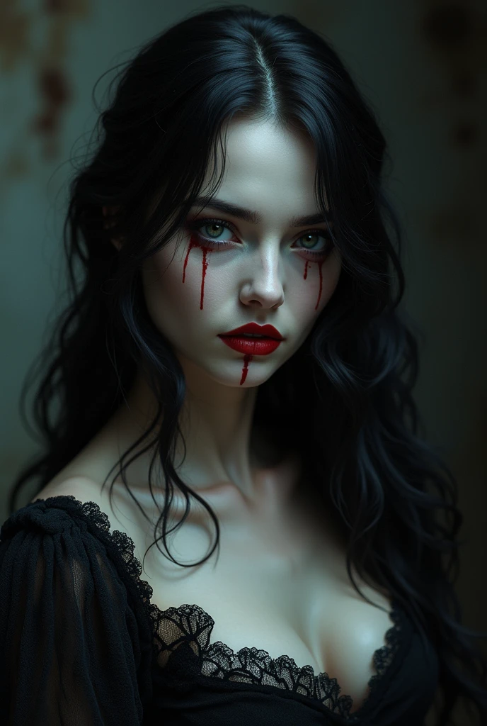 Vampire woman crying with her makeup mixed with her tears , beautiful face , with a very pretty gothic dress