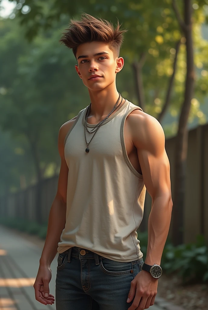 a lean skinny shirtless 18-year old caucasian boy wearing white tank top, jeans, undercut black hair, cute face, brown eyes, tanned skin, panting, drenched in sweat, sweating profusely, hands behind head, in the park, half-body