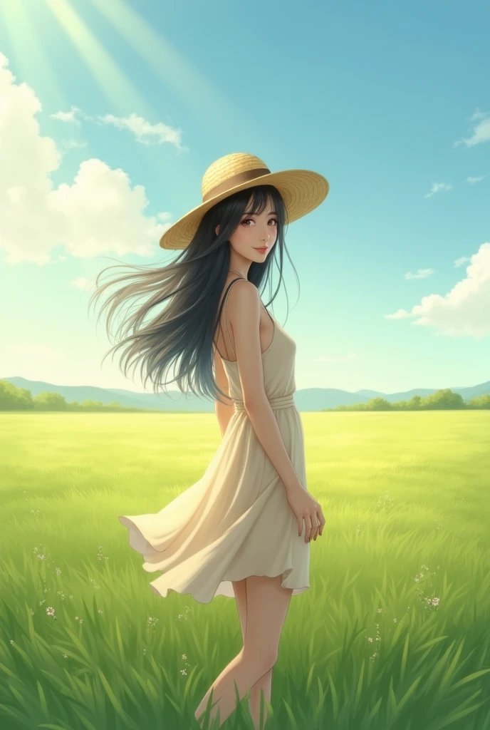 Rustic pastoral，Endless rice fields，Mountains far away，A gentle breeze，Blue and white sky，Inside the rice field stood a maiden，White dress，Cream yellow hat，The hat has a pink ribbon bow，Tilt your head and smile，Holding a small cloth bag，having fun，full-figure