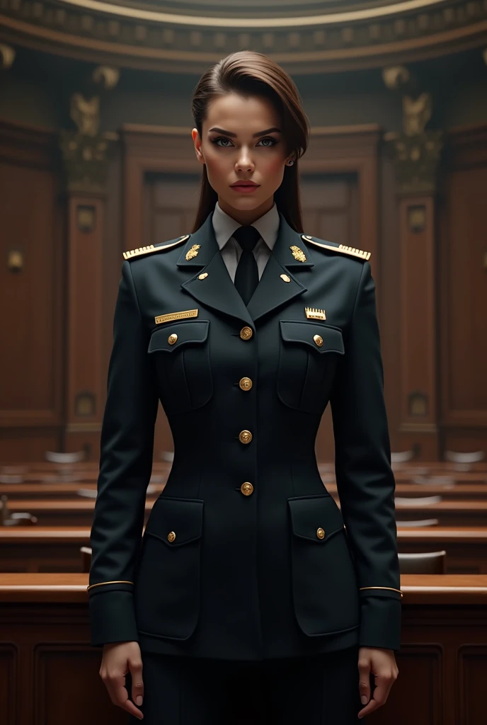 full body,cath3rin3b311, short hair, looking at viewer, smile, uniform, military, military uniform, indoors, court room, ultra-giant breasts: 1.3, super huge breasts: 1.3, ultra-large cleavage: 1.3 ,,, digital painting portrait, natural lighting, in the style of pixar, trending on artstation, sharp, focus art by Arthur Streeton and Božidar Jakac, ((Cinematic)), detailed skin texture, (blush:0.5), (goosebumps:0.5), subsurface scattering