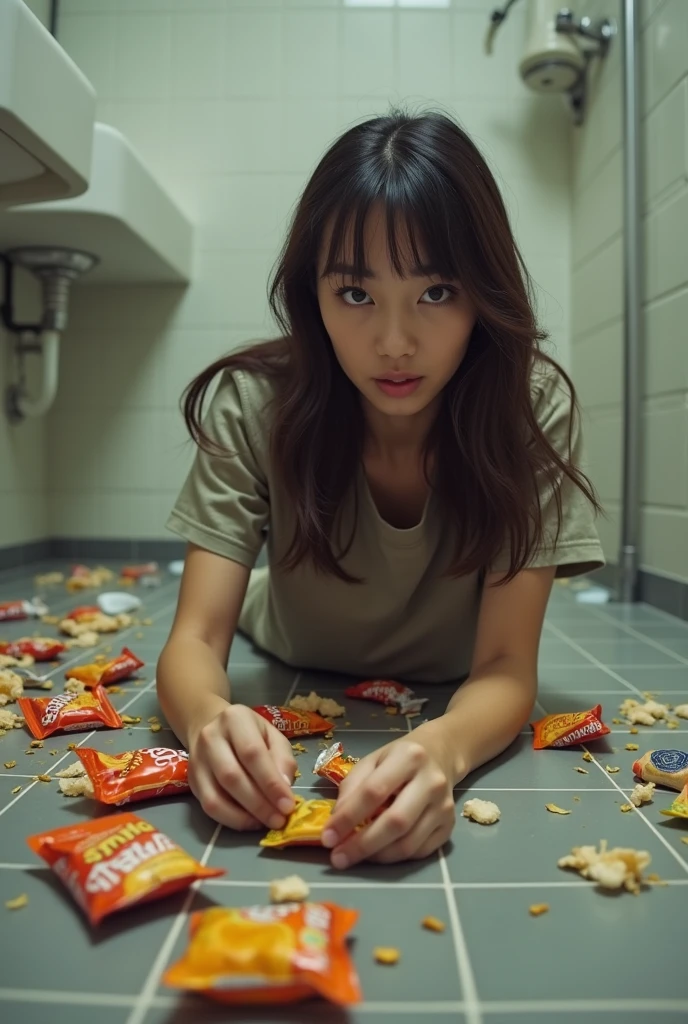 (photorealism:1.2), beautiful asian woman, slightly cubby, looking at the camera, wearing loose floral short slit dress, small breasts, nipple slip, full body shot, long shot, long black hair, crouching to mop the wet floor in a public toilet and three man is using urinoir behind her, bright lighting, realistic