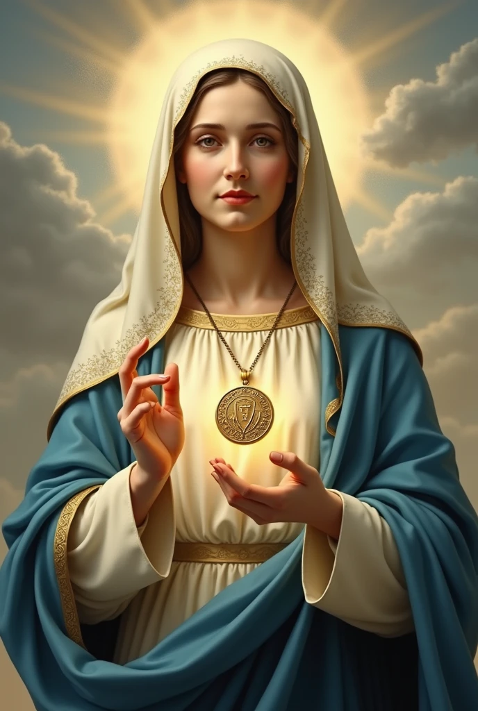 Beautiful Virgin Mary, Halo, stylish, clean, Sharp design, Flowing silhouette, Reddish beige tunic, Blue coat and veil, Simple silhouette, Chic and sophisticated impression, Simple and sophisticated style, Elegant,
