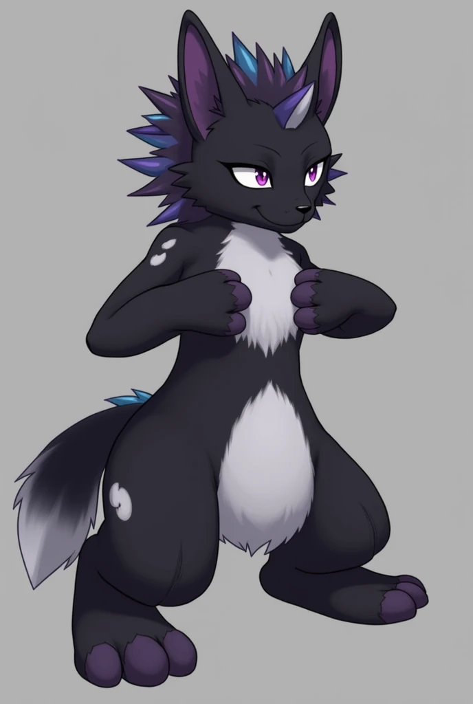 By black-kitten, by trigaroo, by azoomer, by braeburned, Shikabane, purple anthro skunk girl, blue eyes, white sclera, a single purple skunk tail, purple furry body, naked, flat colors, cell shading, standing, hands on her hips, 