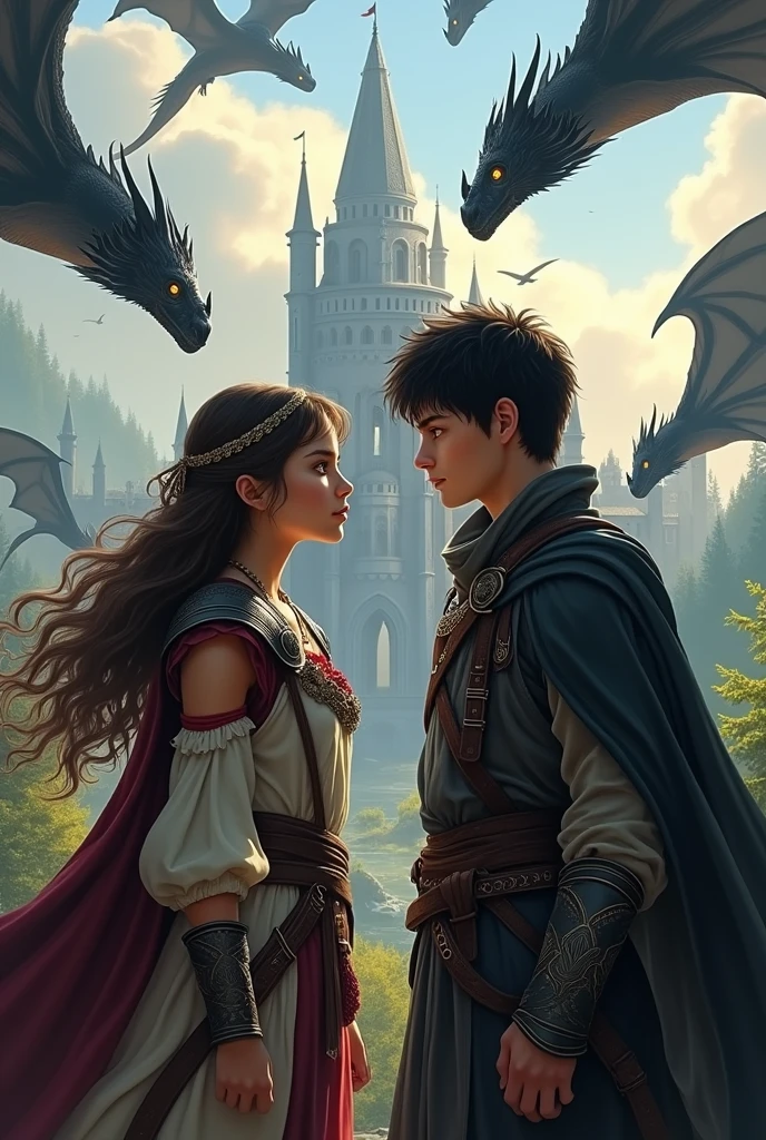 Make the woman with black hair and change the color of the blue dragon to red