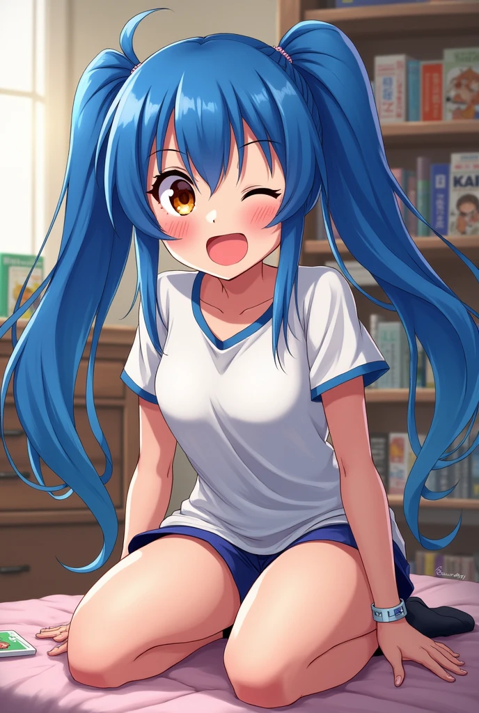 ,((1man with 1woman,Having sex)), stick out buttocks,tiny girl,Colossal tits,Smile with open mouth,Blue-haired,Lorigth hair,Twin-tailed,School uniform,Whip thighs,black striped ,hair adornments,Top image quality,Best Quality