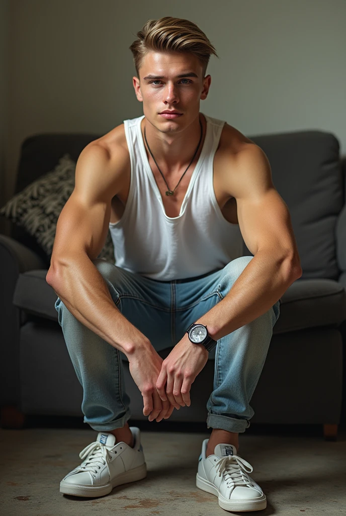18 year old man naked. He has a big dick. You can see his whole body. is sitting in a chair.