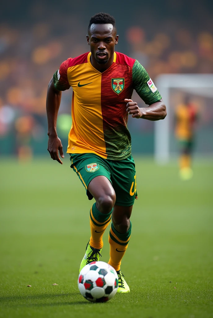Football shirt with a new design that does not exist, using only yellow colors, green and red