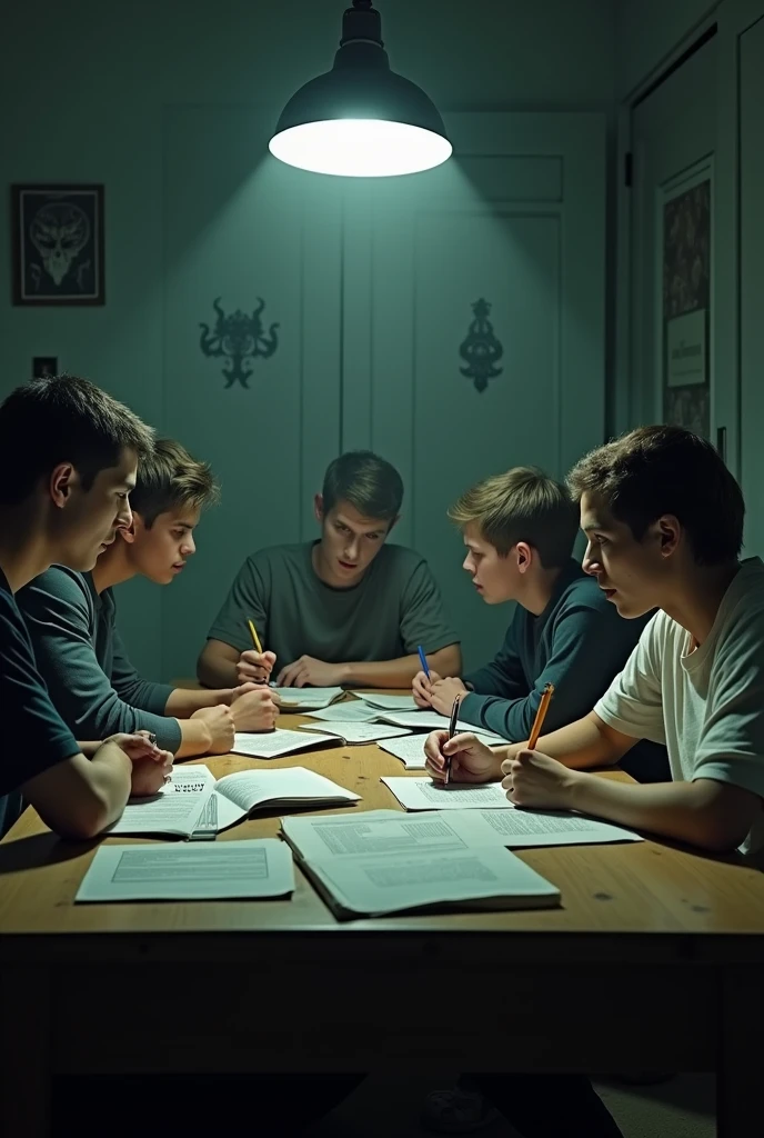 Make 3 teenage boys in school studying for a math test Make these teenagers in sweatshirts and Kayne West Yeez Slides, and make one of those teenagers with the hood on their head