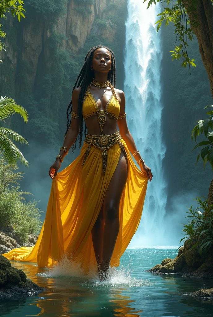 A realistic image of the ethnic model of Africa's most beautiful woman, photographie, Portrait Style, Inspired by fashion and beauty photographers, Source: 50 mm, Plan moyen, natural light, 8k resolution , (Rendu 3D professionnel:1.3) de (Realstic:1.3) The most beautiful art photo in the world,Oxum, The African Orisha,femme noire, La plus belle, Rare beauty, ,Yellow and gold clothing,Orixá of waterfalls,La plus belle femme noire, Belle , Magnifique, Queen of Love,couleurs jaunes, Carry a detailed and complex ade, Regard doux, Cosmic goddess,impressionnisme,Afrofuturiste, Rendering the 8K unit of the whole body, Cascades, Forest lighting, Light shading, detailded, face detailed, (Vibratoire, Realistic Photography, Realstic, dramatique, mise au point nette, 8k), (African clothing of the tribes :1.4), ((((utiliser des tissus)))), (complexe:1.4), decadent, (highly detailed:1.4), digital painting, rendu par octane, Art stations, Concept-Art, lisse, mise au point nette, Germ of art, (loish:0.23), WLOP Ilya Kuvshinov, e Greg Rutkowski et Alphonse Mucha Gracias, (Illumination globale, Studiolight, Lightweight volumetric), fortes pluies, particules flottantes, Fantaisie, Notre, Gros plan Rosto, ((Fond sombre: Forest and waterfalls:1.3)),CGSesociedade,Art stations