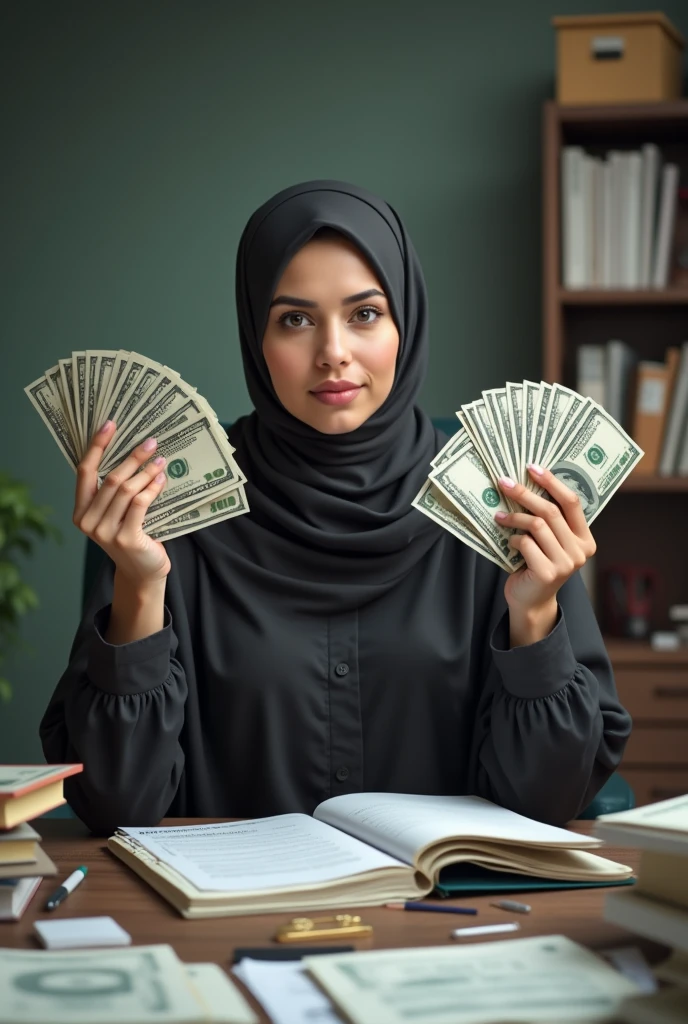 Generate an image of a Young Women in abaya looking at her smart phone holding pakistani rupees in her other hand