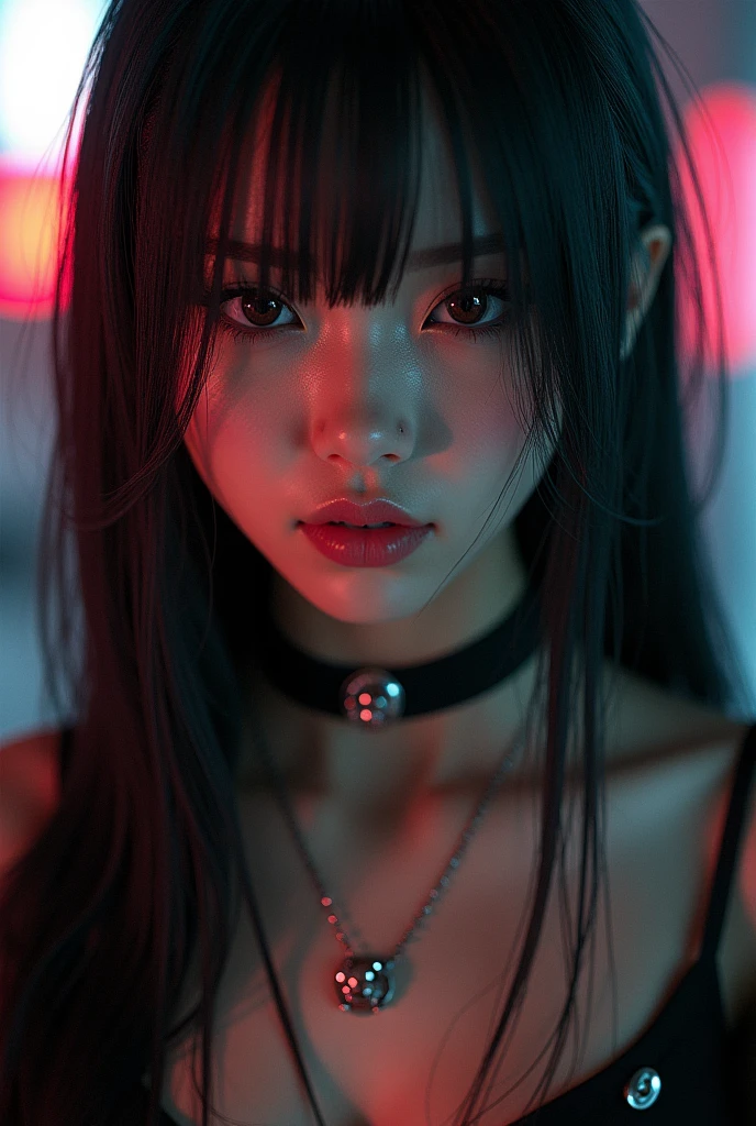 Image of a free fire gamer girl with dark hair, long, without bangs the background of a gamer girl and her name Sarah FF appears as a logo