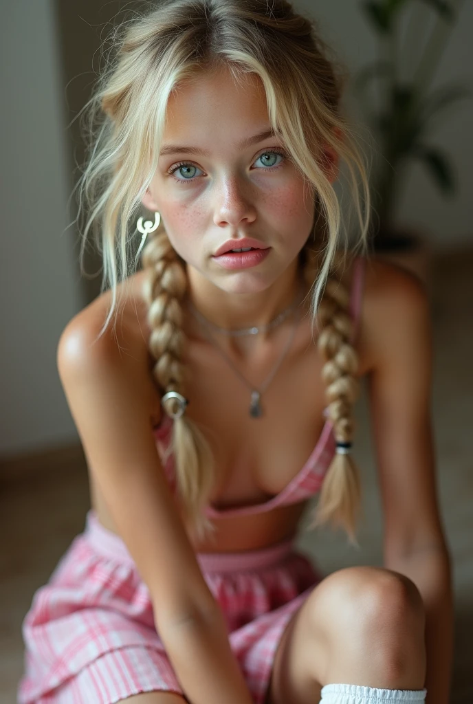 a beautiful 16 y.o. ginger girl, detailed face, (pink hairpins in her hair) and two pigtails, blue eyes, long eyelashes, small nose, full lips, curly hair, beautiful detailed face, girl in a bed in david hamilton style, window light, soft lighting, dreamy, pastel colors, muted tones, film grain, shallow depth of field, cinematic, highres, best quality, 8k, ultra-detailed, realistic, photorealistic, professional,full body
