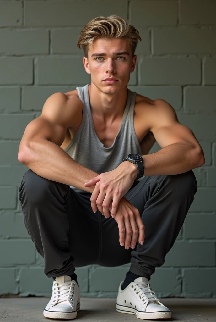 A young man,lean muscular physique, sitting in a studio room, looking in the camera