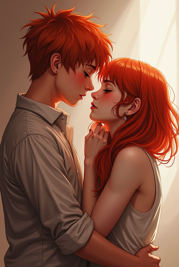 1girl,and 1boy red hair, flaming eye, and boy friend, Holding on Each other , wallpaper, he Saves from her school fire and Her and he clothes were ripped and you could see her ass and bobs the guy kiss her blushing