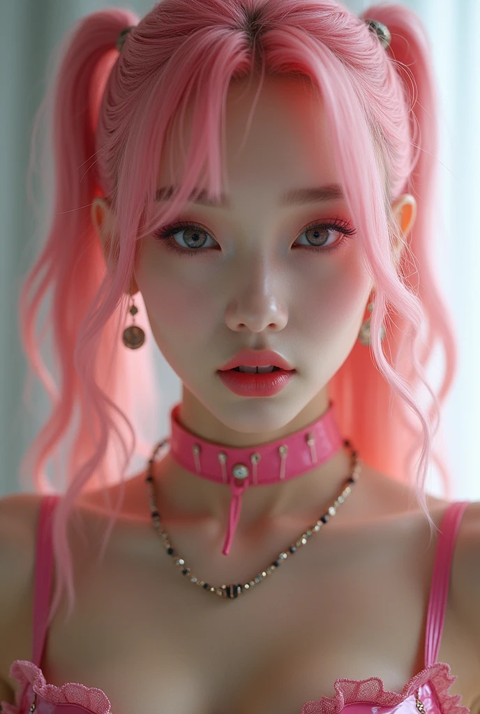 A beautiful Korean girl,Long pink hair,Tattooed with,full bodyesbian,Wearing a collar,Wear a black lace bra,Wear black lace panties,Wear stiletto heels,Wear black pantyhose,Bad girl,s the perfect face,Put on light makeup,Wear a ruby ring,Cool and funky style,On the dance floor,Ultra photo realsisim,8K