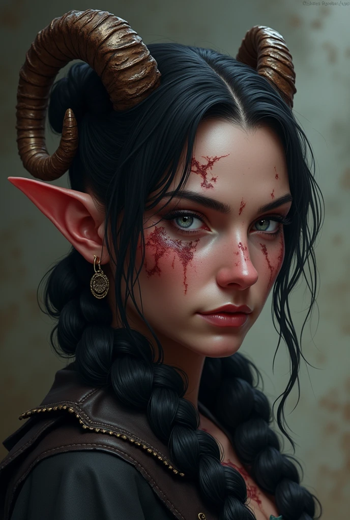 ((Medieval)), Female tiefling, reddish skin, ram&#39;s horn, broken left horn, black hair, Hair tied in a ponytail, hair shaved on the sides, two braids on either side of the bangs, white eyes without stubble, eye patch on left side, scar under eye patch, scar on lips on right side, 