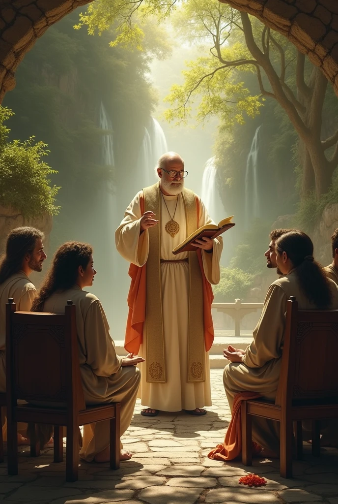 The image depicts heavenly elders in a divine setting. The elders are dressed in white robes and have serene and wise countenances. They are surrounded by a heavenly light that radiates wisdom and serenity. The scenery is filled with soft colors and a peaceful atmosphere. The scene evokes the idea of eternal wisdom and a spiritual presence that inspires respect and reverence.
