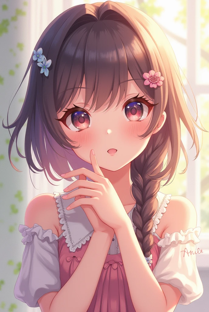(light brown hair:1.2),(Braided shorthair:1.3),(loosely tied hair:1.25),(big ribbon:1.3),(brown eyes:1.4),(eye size:1.5),(sphere accessories:1.3),((Feminine fashion:1.4)),(Background full of blooming flowers:1.5),(blush),(upper grade:1.3),(small breasts:1.4),((focus on face:1.5)),((look up:1.45)),((Angle from directly above:1.5)),BREAK//(fashion color white、dark blue、purple、pink:1.3),(Face:1.2),((Sit flat with both hands on the floor:1.3)),