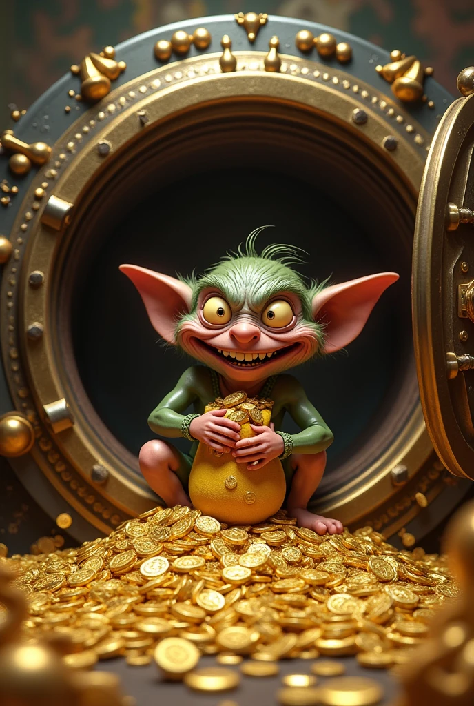 Create a jullery of a golden goblin with coins and a cigar on his mouth