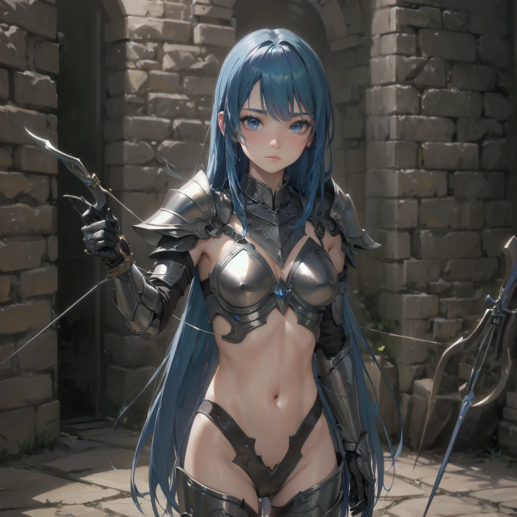 ()、(masterpiece:1.5、Photorealistic:1.4,anime coloring:1.4、high resolution:1.4)、,(spot light:1.2、Exquisite beautiful eye:1.5,)、(stand:1.5)、()、(cowboy shot:1.5)、
(kind eyes、tareme:1.4),()、(Cute Face)、(blue hair:1.5)、(middle hair:1.5),(sidelock :1.6),(blunt bangs:1.3),(1 girl)、(blue eyes:1.2)、(clear face:1.5),()、(solo)、(metal bikini) ,(Abdominal muscles),(small breasts),(),(bikini armor:1.5),()、()、()、Slim Body(),Shiny Hair、