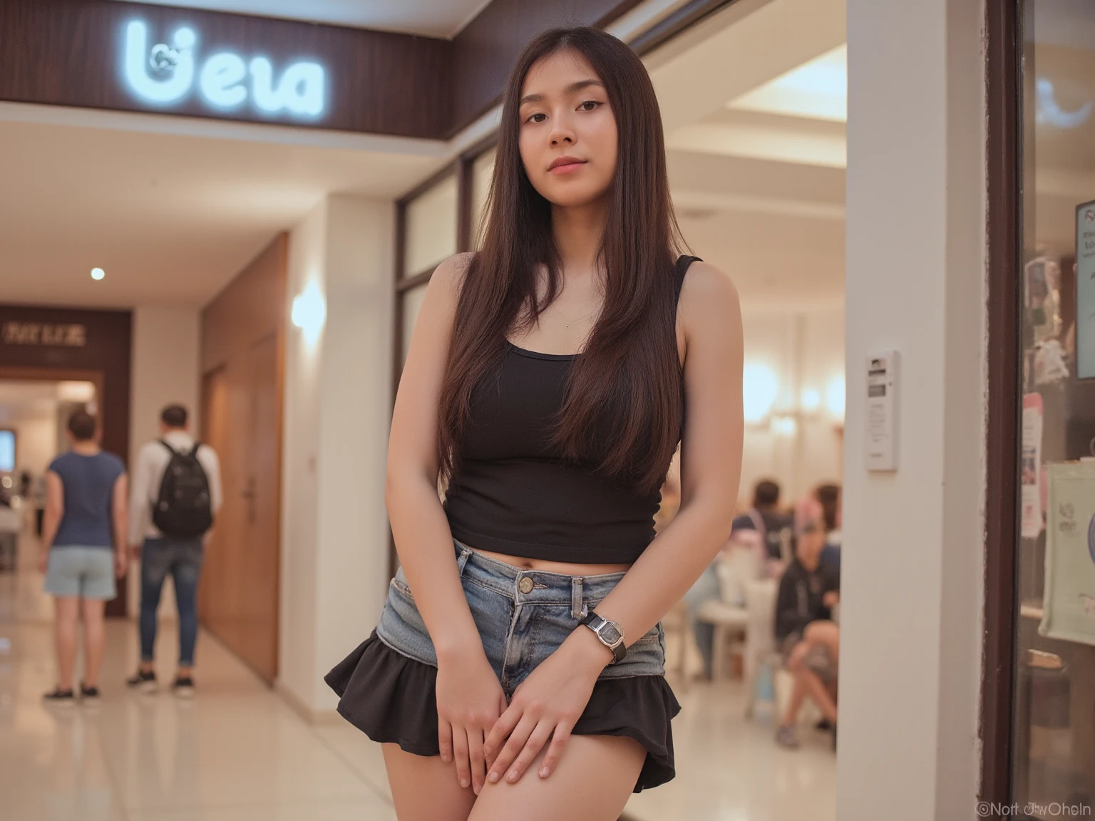 Cute Thai woman ,((( not wearing clothes))):1.2,The background is a shopping mall,(photoด้วยกล้อง leica):1.5,((( masterpieces ))):1.8,(Standing naked), small breasts,Realistic images,photo,