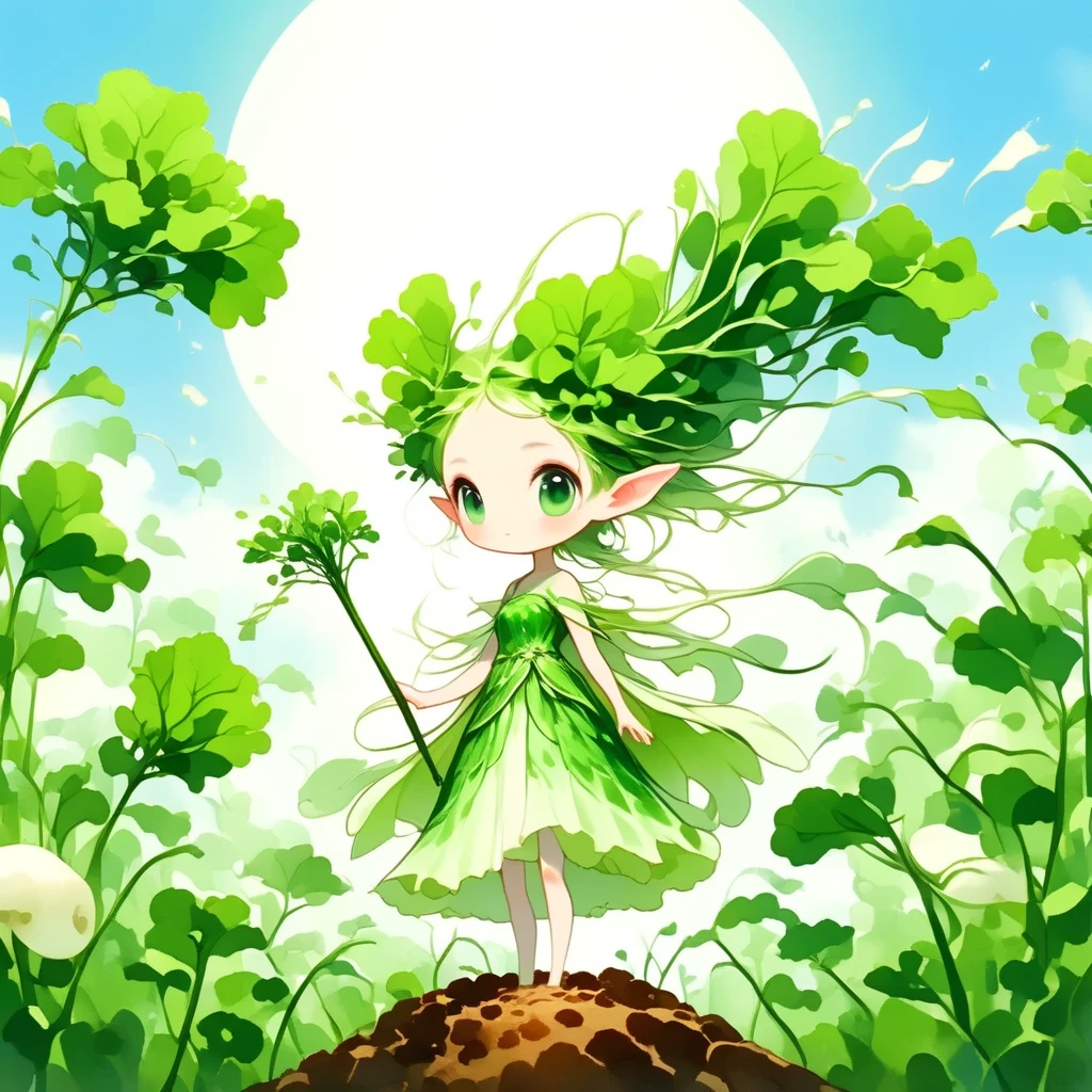 (masterpiece, best quality:1.2), Chibi cute, 1 daikon lady, elven lady, solo, full body, In a large daikon field, standing in front of a big daikon, holding a small stick and chanting a spell on the daikon, the daikon grows very big, Green big eyes, Green leaves long hair, bangs, pointy ears, pure white skin, wearing green camisole one-piece long dress over white short sleeve T-shirt, blue sky