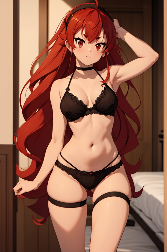 1girl, ahoge, armpits, bangs, bare shoulders, black bra, black hairband, black panties, blush, bra, breasts, cowboy shot, crossed bangs, eris greyrat, from below, gradient, gradient background, groin, hair between eyes, hairband, hand up, long hair, looking at viewer, medium breasts, navel, open mouth, panties, panty pull, red eyes, red hair, solo, stomach, thick eyebrows, thighs, underwear, underwear only