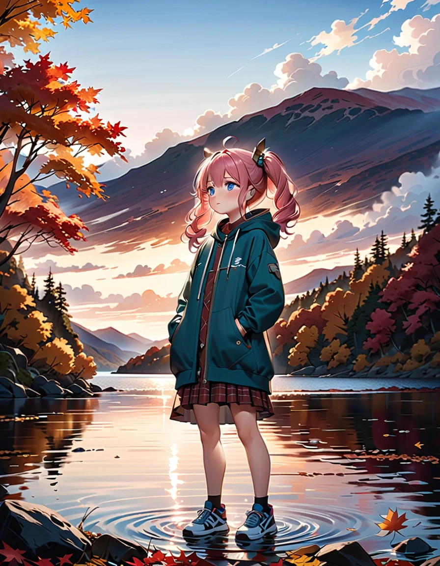 ((Loch Ness in autumn :1.5、Standing on the lakeside :1.5))、((whole body, from BELOW:1.5、side view:1.5)),　(( Look Up Above:1.5)、((Chibiガール:1.5、Chibi:1.5))、 best quality、 high definition 、 detailed background、 beautiful face down to the smallest detail、 Anatomically Correct、Ultra-detailed facial expressions:1.5、Ultra detailed hair:1.5、 ultra-detailed eyes sandwiched between columns:1.5、Ultra detailed mouth:1.5、break　(Ahoge:1.5、 cute pink hair color、 braided twin tails )、( big, beautiful blue eyes 、 long eyelashes)、(Full lips、 fresh pink lips )、break　( cute hooded hoodie 、Below the knee skirt:1.5、 carry a cute backpack:1.5、Cute hair accessories:1.5、Cute sneakers:1.5)、break　((Half asleep:1.2、Very sleepy、Yawn、( opening your mouth wide :1.5)))、break　( The background is foggy Loch Ness 、Tent on the lakeside 、 with dazzling autumn clouds and sunsets 、 Nessie swimming far away :1.5、Bokeh）