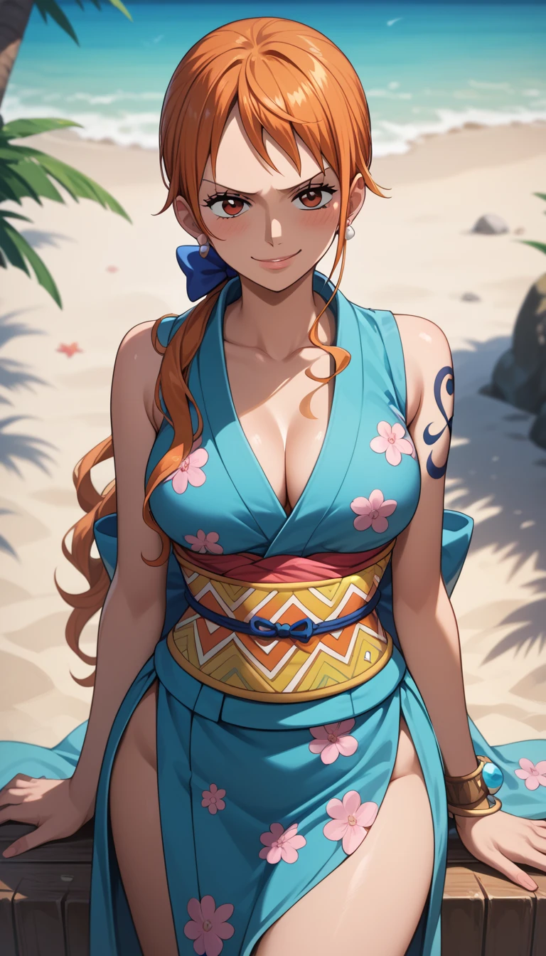 nilou (genshin impact), behind the sea, 1girl, background blur, closed mouth, bare arms, accessory, bare sleeves, bare shoulders, red hair, bracelets, necklace, cowboy shot, sideways