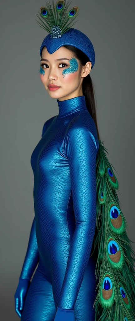 The beautiful asian Chinese adult girl with beautiful cheeks wears blue peacock lycra turtleneck unitard catsuit covered with scales.She has a large beautiful peacock tail.She always wear lycra elastane dancewear hijab-like hood.She is happy at jungle.