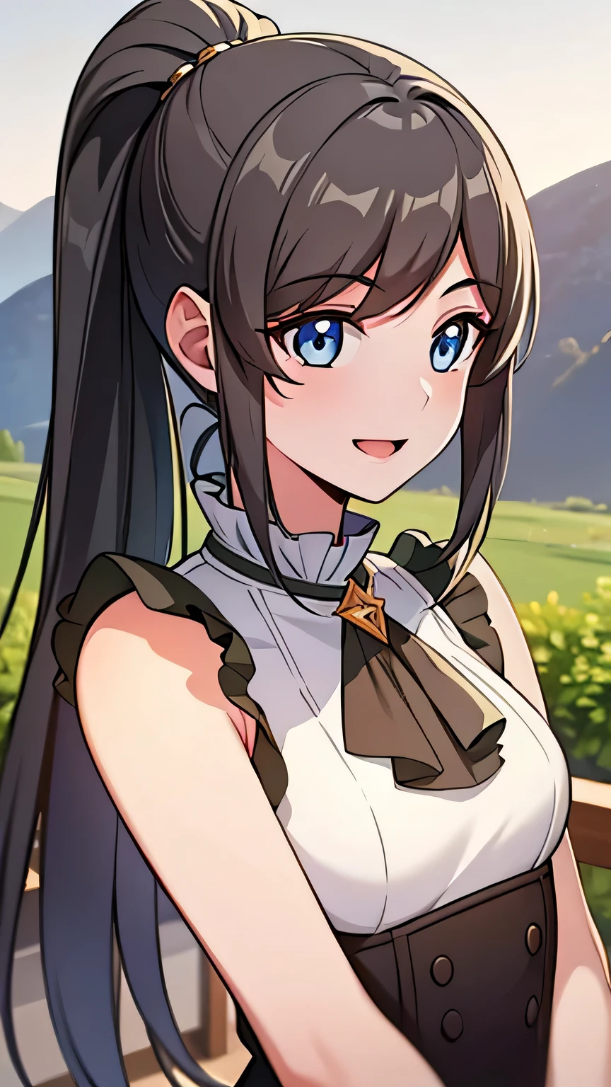 quality, masterpiece, highly detailed, 8k, masterpiece, tilly wimbledon, sleeveless, 1girl, smile, open mouth, blush, detailed face, detailed eyes, medium breast, blue eyes, top of mountain, night, moon, armpit, (long ponytail hair), hands behind head