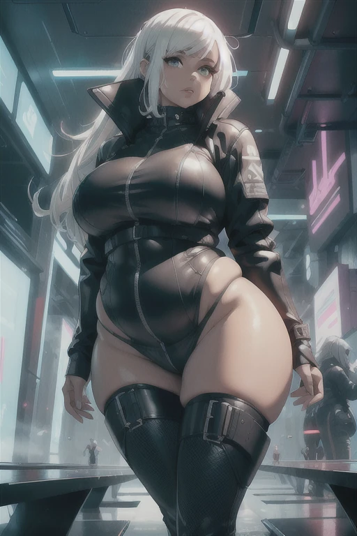 young girl, Pullover, topless, g string, whole body to see, angry look , scream, pigtails hair, (( very wide hips)), (((colossal Thighs, gigantic thighs, very huge thighs, very big thighs))), fullbody, platform heels, pale skin, very Big breast, gun, cyberpunk, soldier girl , full body,